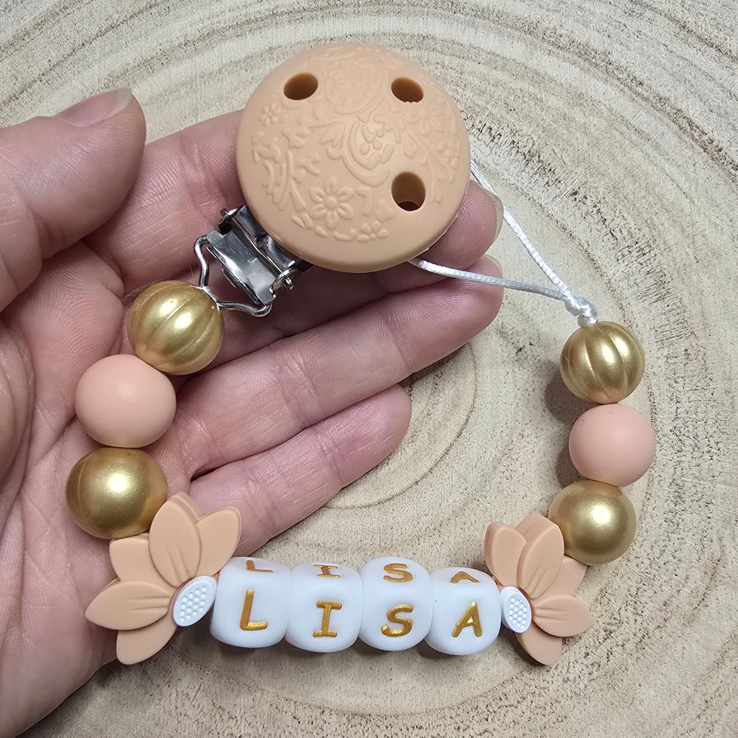 Attache-tétine personnalisée Modèle Lisa lotus pêche