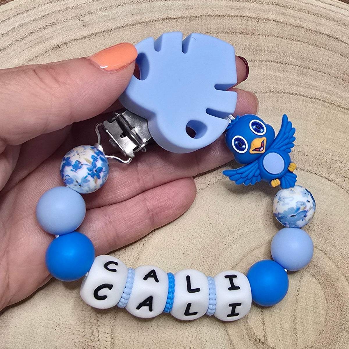 Attache-tétine personnalisée Modèle Cali Oiseau bleu