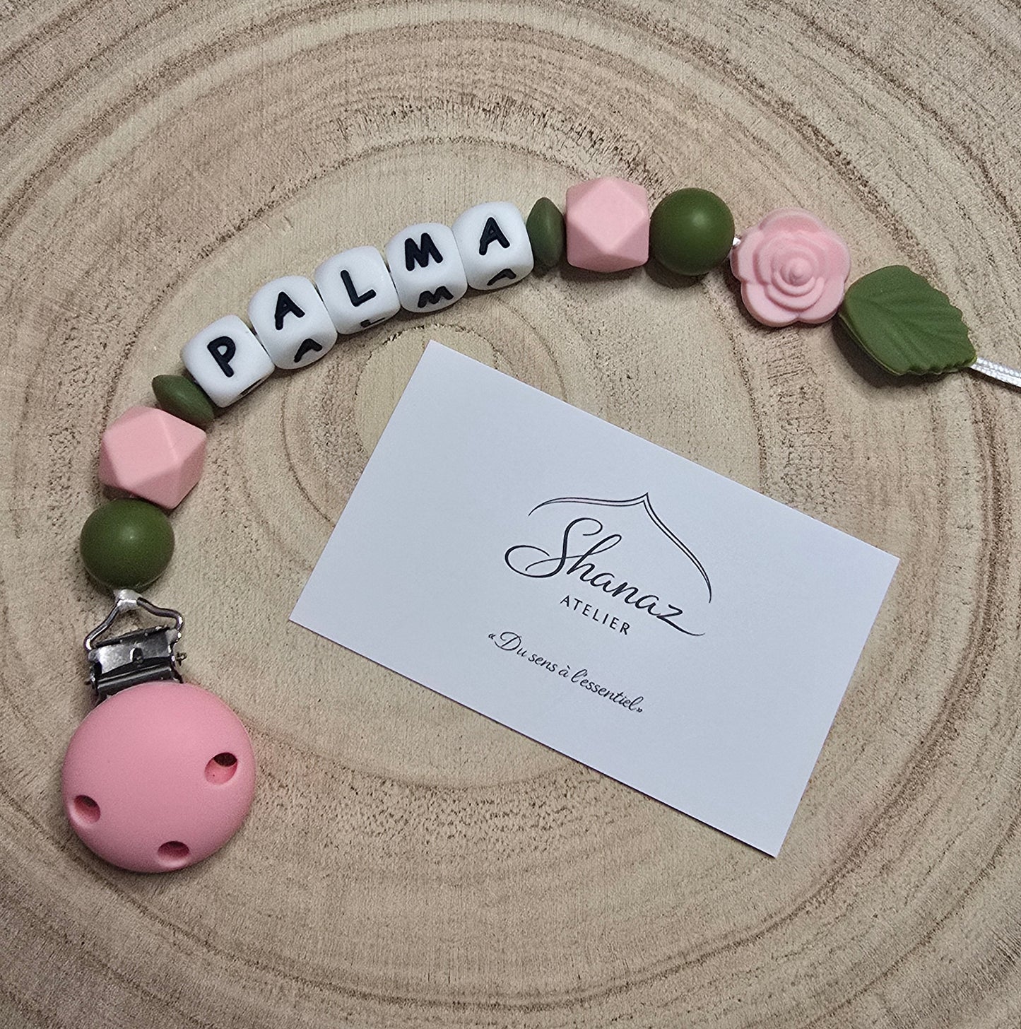 Attache-tétine personnalisée Modèle Palma rosa