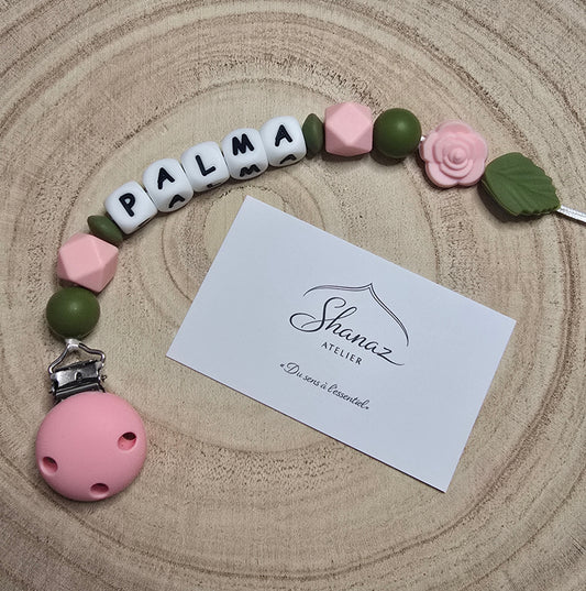 Attache-tétine personnalisée Modèle Palma rosa