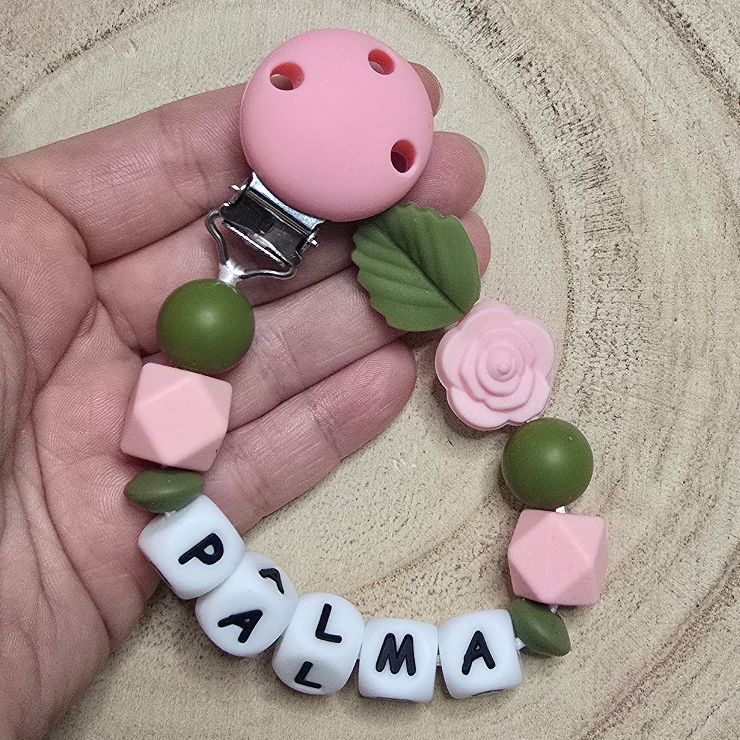 Attache-tétine personnalisée Modèle Palma rosa