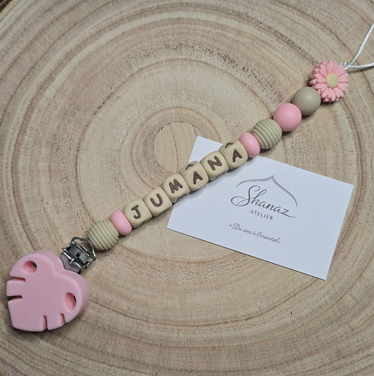 Attache-tétine personnalisée Modèle Jumana monstera rose