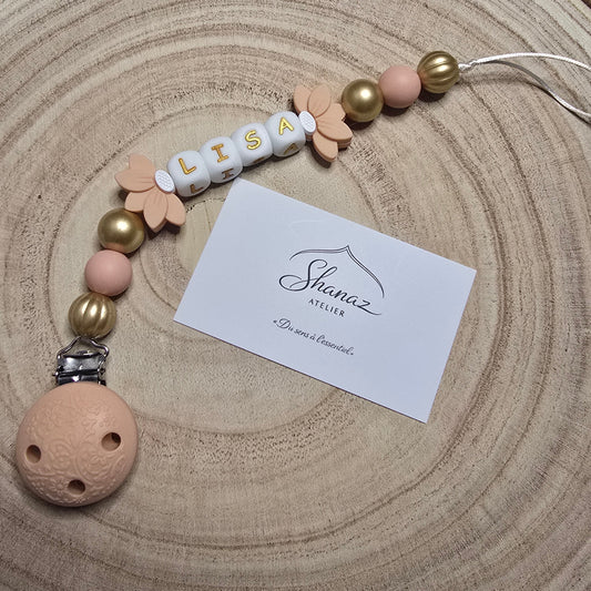 Attache-tétine personnalisée Modèle Lisa lotus pêche