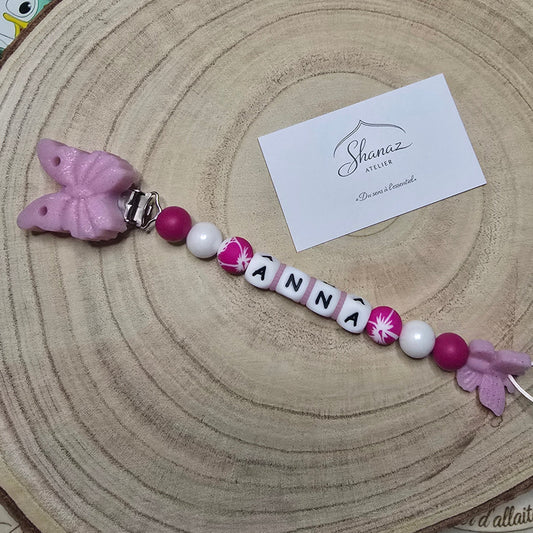 Attache-tétine personnalisée Modèle Anna Papillon pailleté