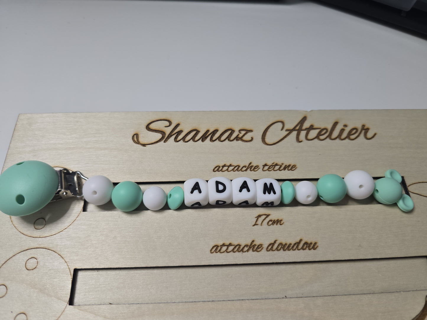 Attache-tétine personnalisée Adam Souris coloriis menthe douce