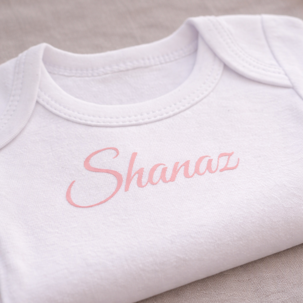 Détail flocage prénom bébé rendu lisse premium