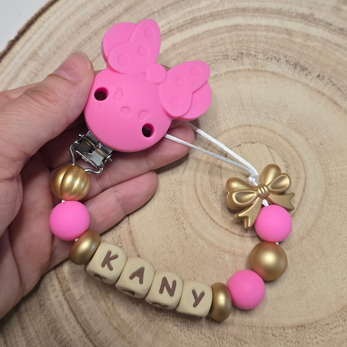 Attache-tétine personnalisée Modèle Kany Souris rose et or