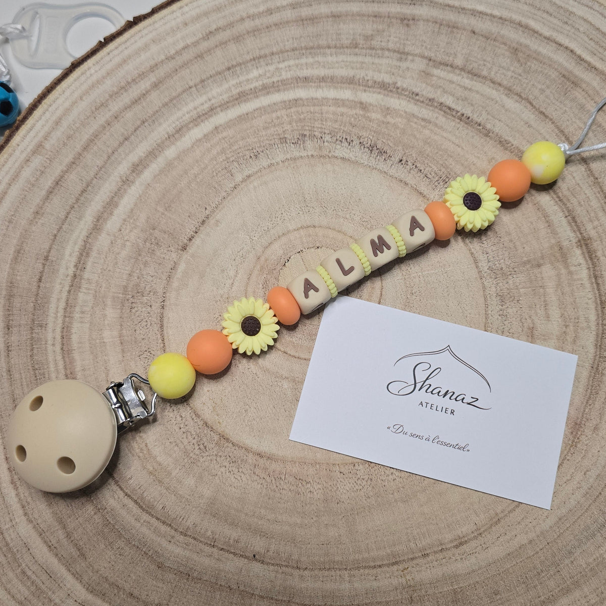 Attache-tétine personnalisée Modèle Alma Tournesols