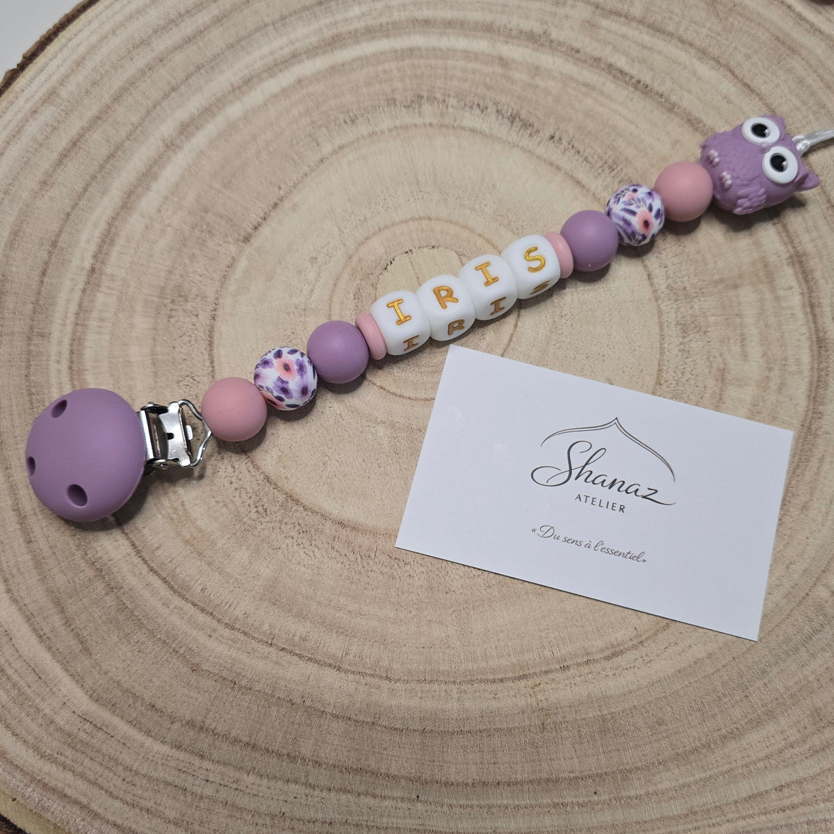 Attache-tétine personnalisée Modèle Iris Hibou fleuri