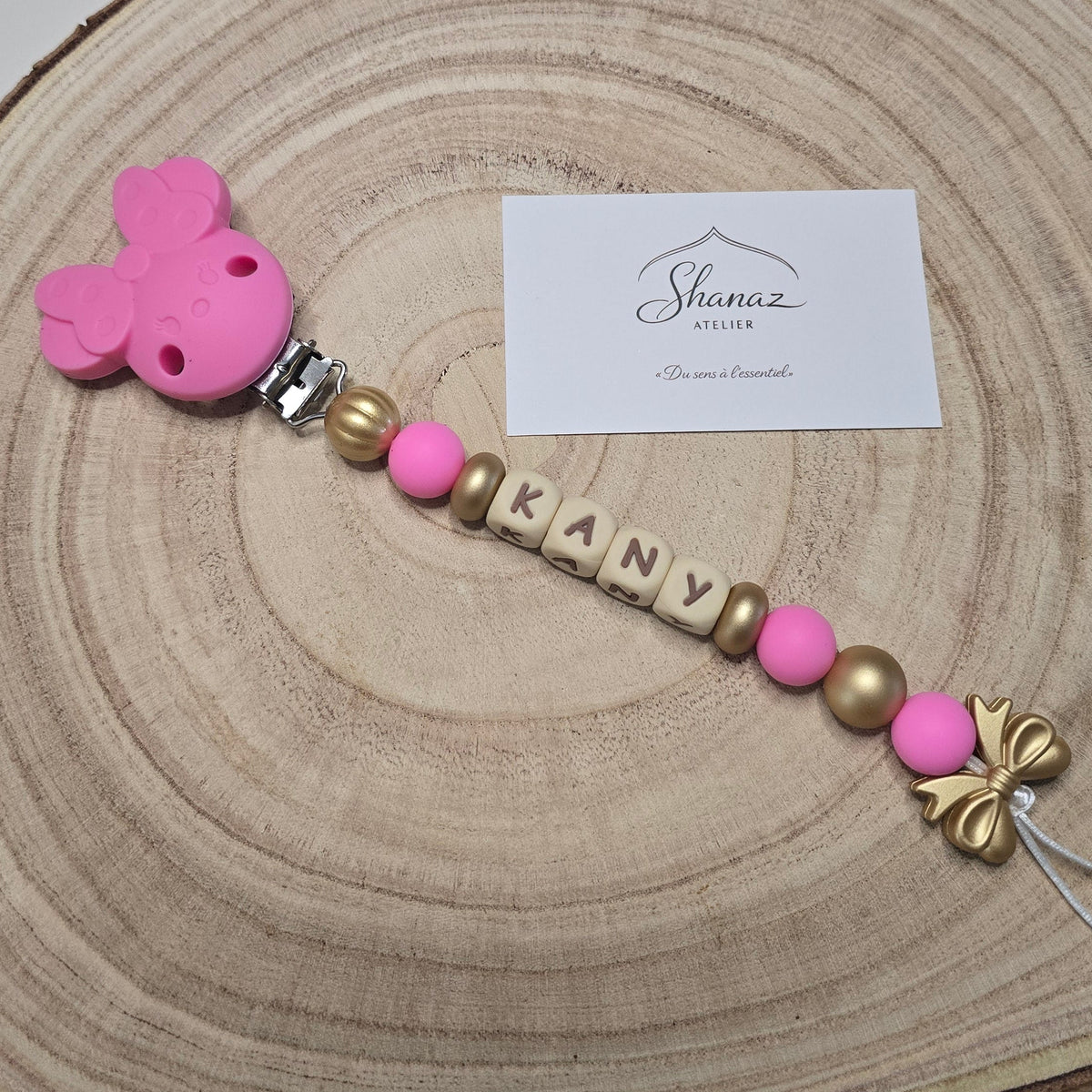 Attache-tétine personnalisée Modèle Kany Souris rose et or