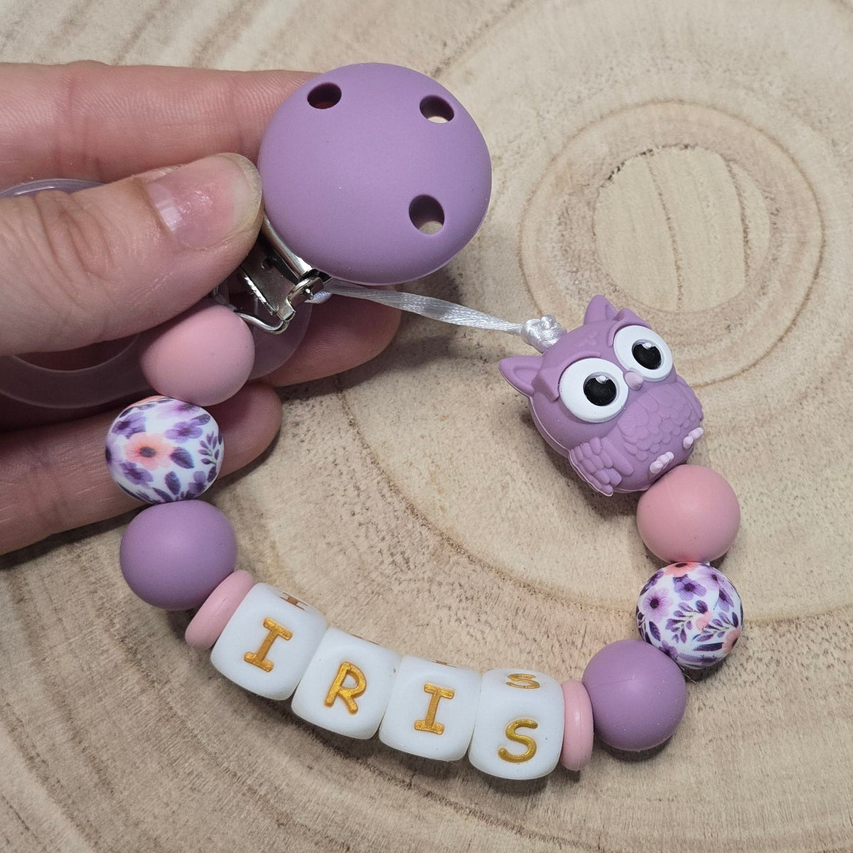 Attache-tétine personnalisée Modèle Iris Hibou fleuri
