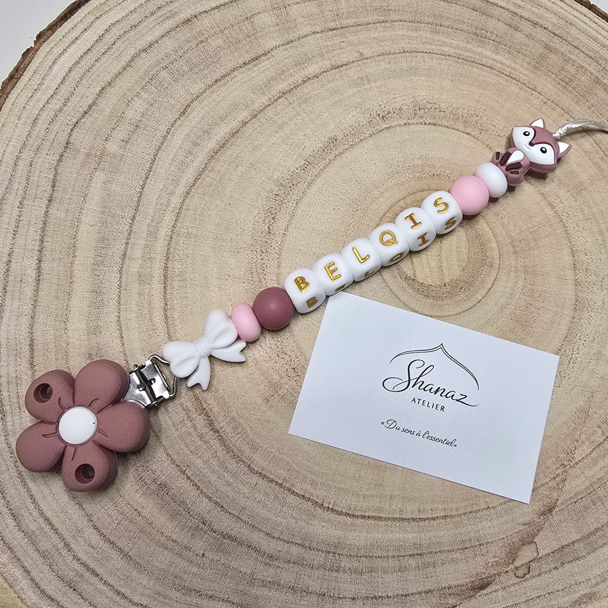 Attache-tétine personnalisée Modèle Belqis Renard fleuri