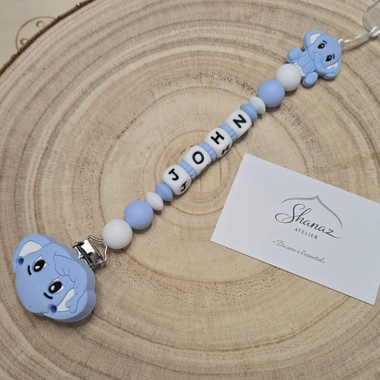 Attache-tétine personnalisée Modèle John Éléphant bleu