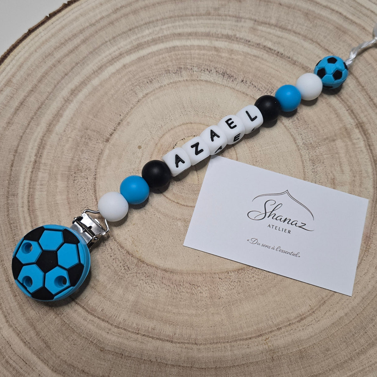 Attache-tétine personnalisée Modèle Azael Football bleu