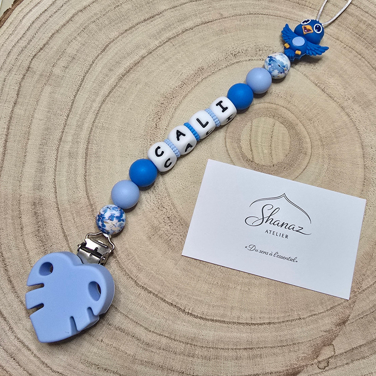 Attache-tétine personnalisée Modèle Cali Oiseau bleu
