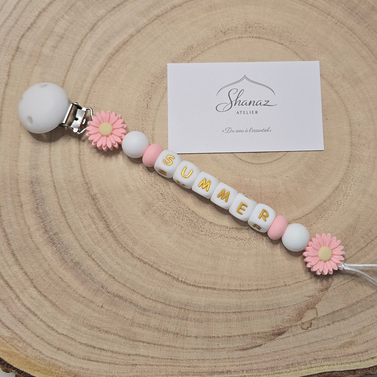 Attache-tétine personnalisée Modèle Summer Marguerites roses