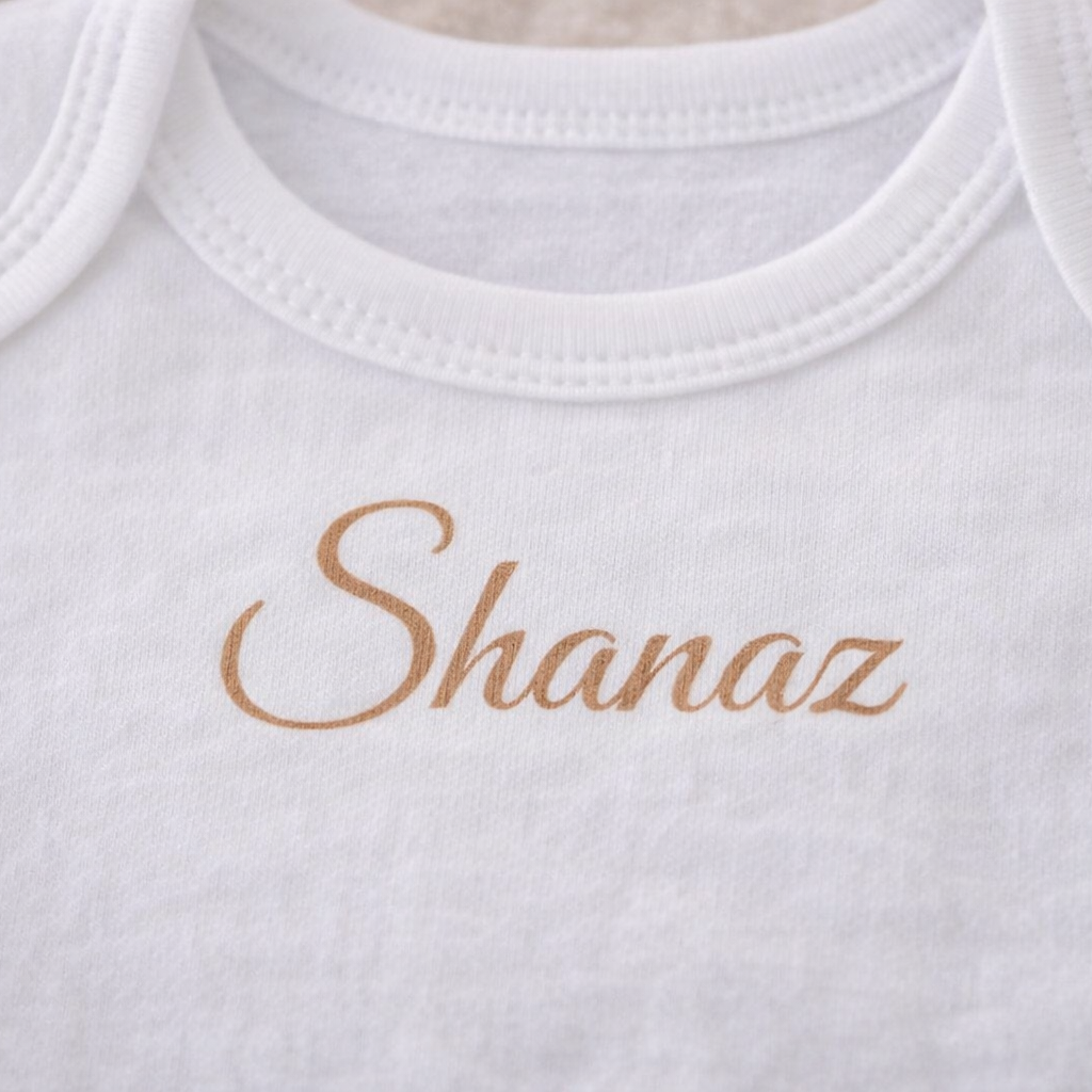 Zoom flocage prénom sur body bébé personnalisé, écriture cappuccino lisse sur coton blanc, rendu vinyle thermocollé non brodé